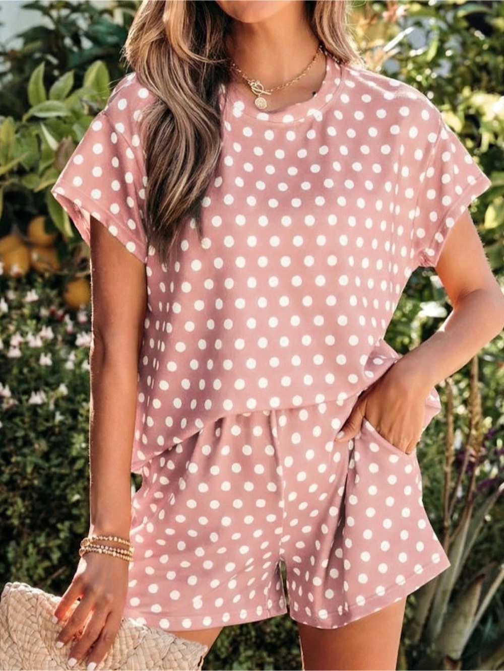 Women's Pink & White Polka Dot Short Set NWT